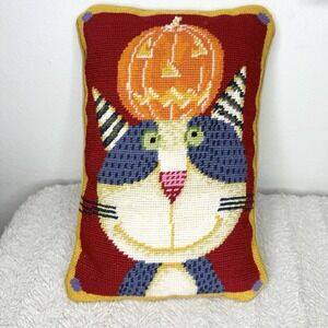 Cross Stitch Wool And Cotton Cat Pumpkin Halloween Folk‎ Art Pillow Velvet Back